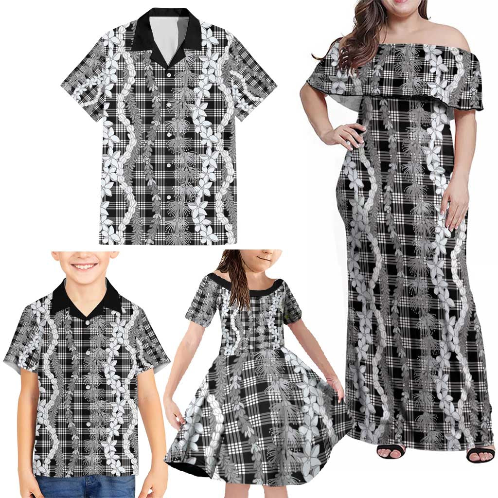 Hawaiian Ohia Lehua Lei Family Matching Off Shoulder Maxi Dress and Hawaiian Shirt Plaid Palaka Eleele Pattern - Polynesian Pride