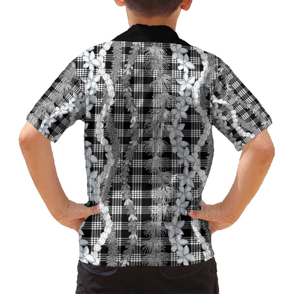 Hawaiian Ohia Lehua Lei Family Matching Off Shoulder Short Dress and Hawaiian Shirt Plaid Palaka Eleele Pattern - Polynesian Pride