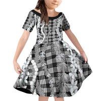 Hawaiian Ohia Lehua Lei Family Matching Off Shoulder Short Dress and Hawaiian Shirt Plaid Palaka Eleele Pattern - Polynesian Pride