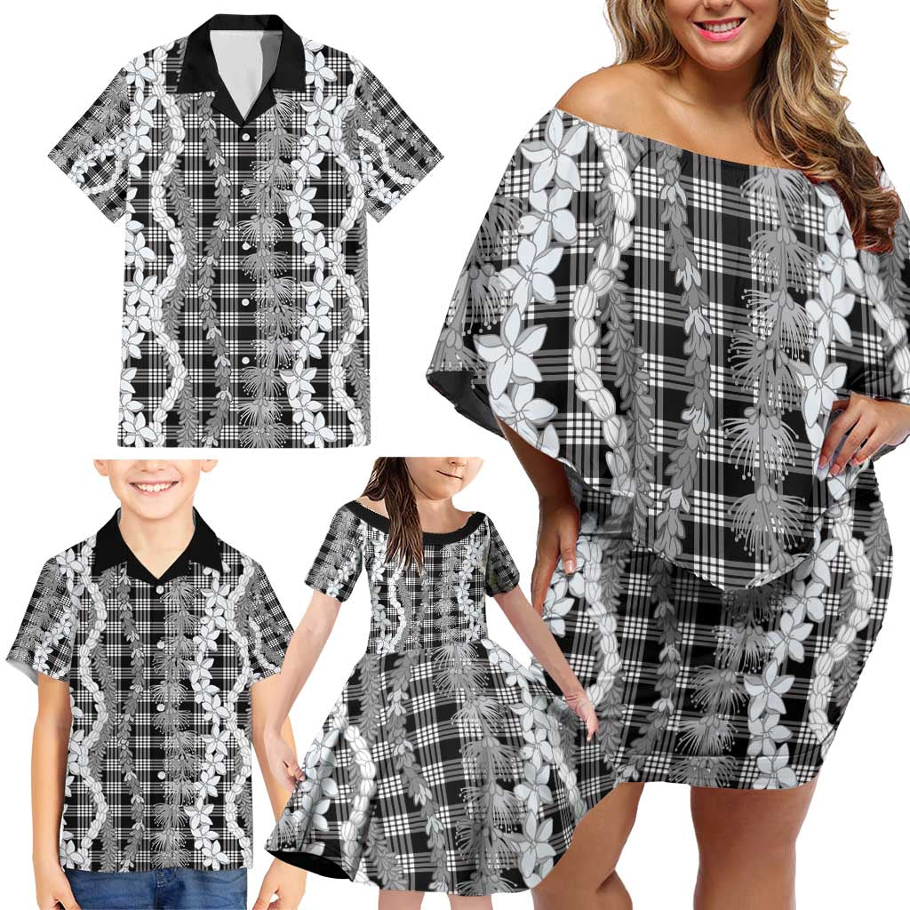 Hawaiian Ohia Lehua Lei Family Matching Off Shoulder Short Dress and Hawaiian Shirt Plaid Palaka Eleele Pattern - Polynesian Pride