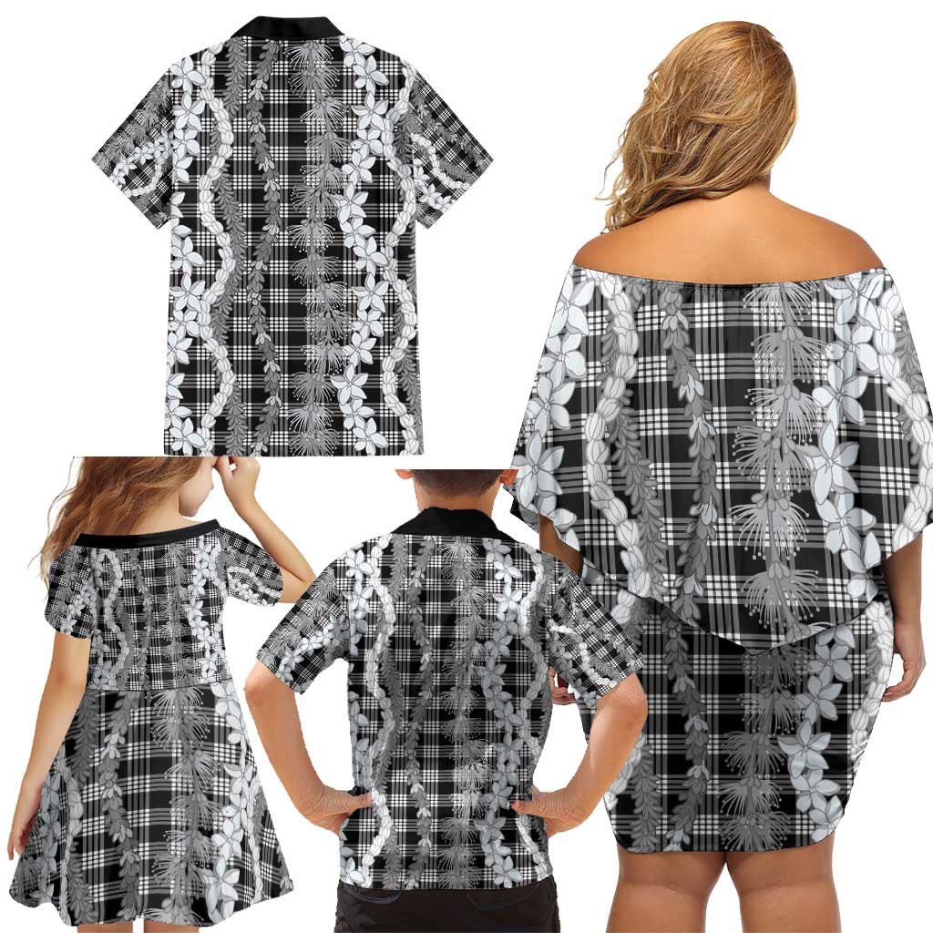 Hawaiian Ohia Lehua Lei Family Matching Off Shoulder Short Dress and Hawaiian Shirt Plaid Palaka Eleele Pattern - Polynesian Pride