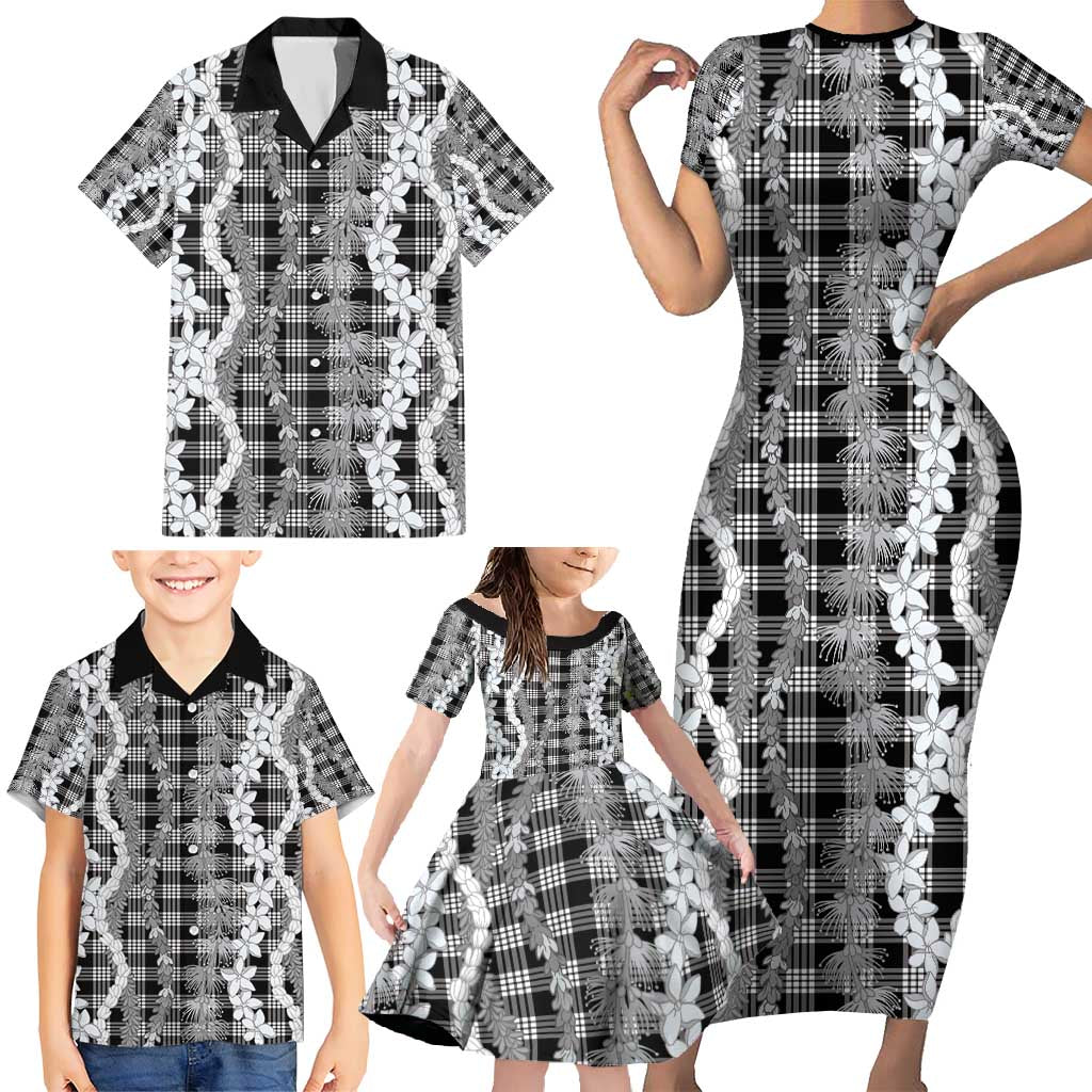 Hawaiian Ohia Lehua Lei Family Matching Short Sleeve Bodycon Dress and Hawaiian Shirt Plaid Palaka Eleele Pattern - Polynesian Pride