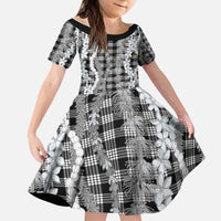 Hawaiian Ohia Lehua Lei Kid Short Sleeve Dress Plaid Palaka Eleele Pattern - Polynesian Pride