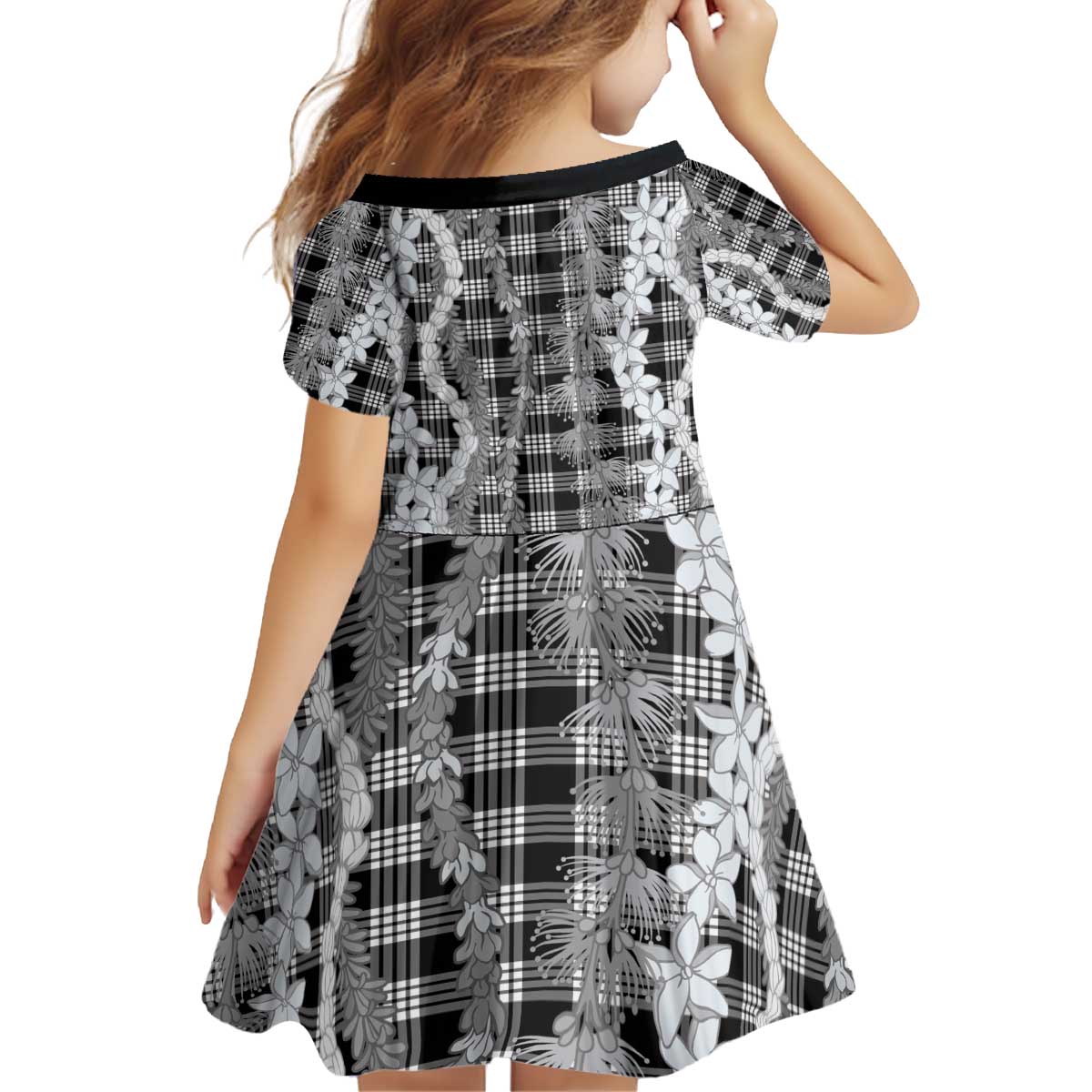 Hawaiian Ohia Lehua Lei Kid Short Sleeve Dress Plaid Palaka Eleele Pattern - Polynesian Pride