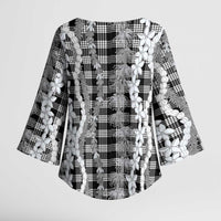 Hawaiian Ohia Lehua Lei Kimono Sleeve Blouse Plaid Palaka Eleele Pattern - Polynesian Pride