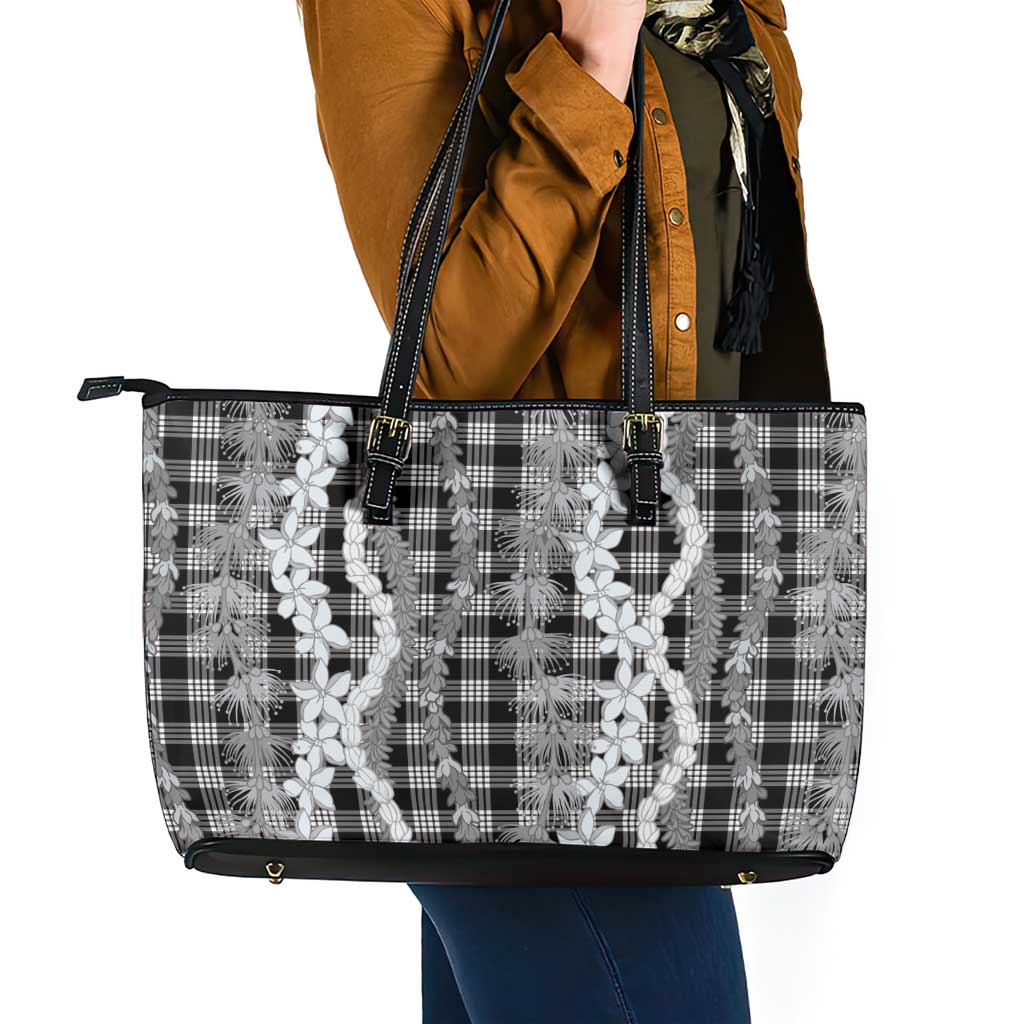 Hawaiian Ohia Lehua Lei Leather Tote Bag Plaid Palaka Eleele Pattern - Polynesian Pride