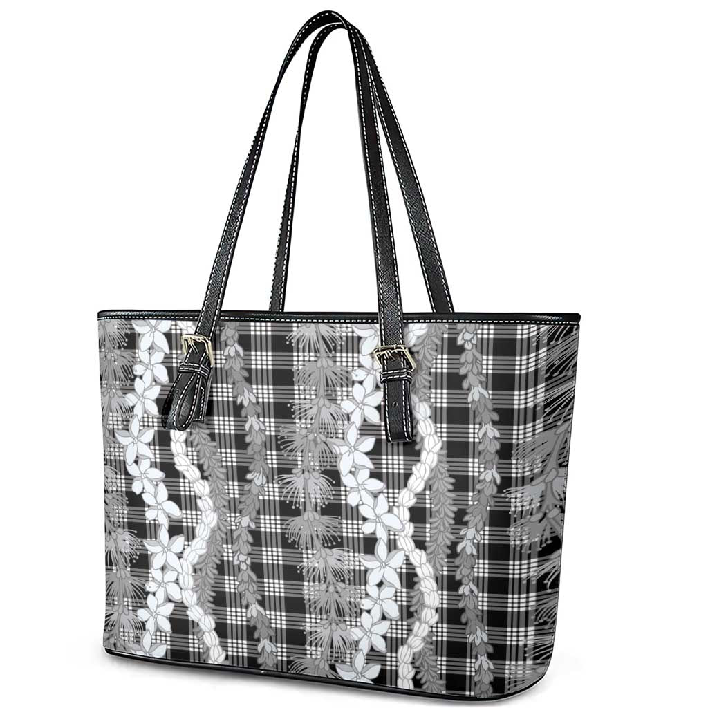 Hawaiian Ohia Lehua Lei Leather Tote Bag Plaid Palaka Eleele Pattern - Polynesian Pride
