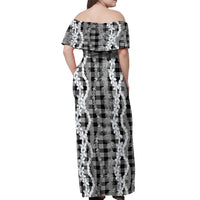 Hawaiian Ohia Lehua Lei Off Shoulder Maxi Dress Plaid Palaka Eleele Pattern - Polynesian Pride