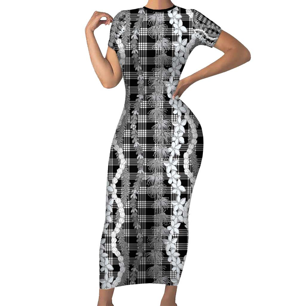 Hawaiian Ohia Lehua Lei Short Sleeve Bodycon Dress Plaid Palaka Eleele Pattern - Polynesian Pride