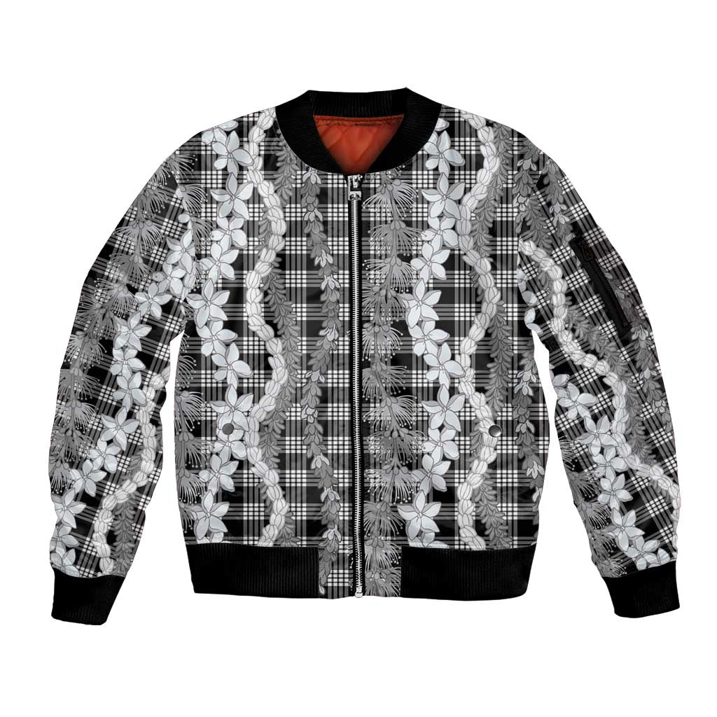 Hawaiian Ohia Lehua Lei Sleeve Zip Bomber Jacket Plaid Palaka Eleele Pattern - Polynesian Pride
