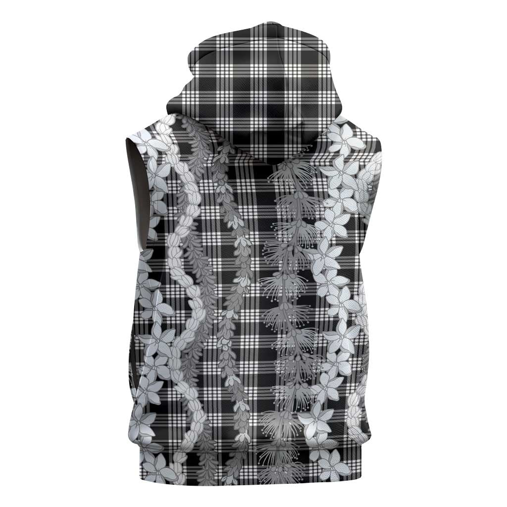 Hawaiian Ohia Lehua Lei Sleeveless Hoodie Plaid Palaka Eleele Pattern - Polynesian Pride