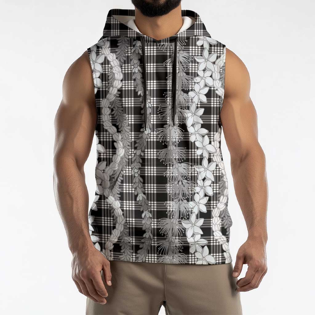 Hawaiian Ohia Lehua Lei Sleeveless Hoodie Plaid Palaka Eleele Pattern - Polynesian Pride