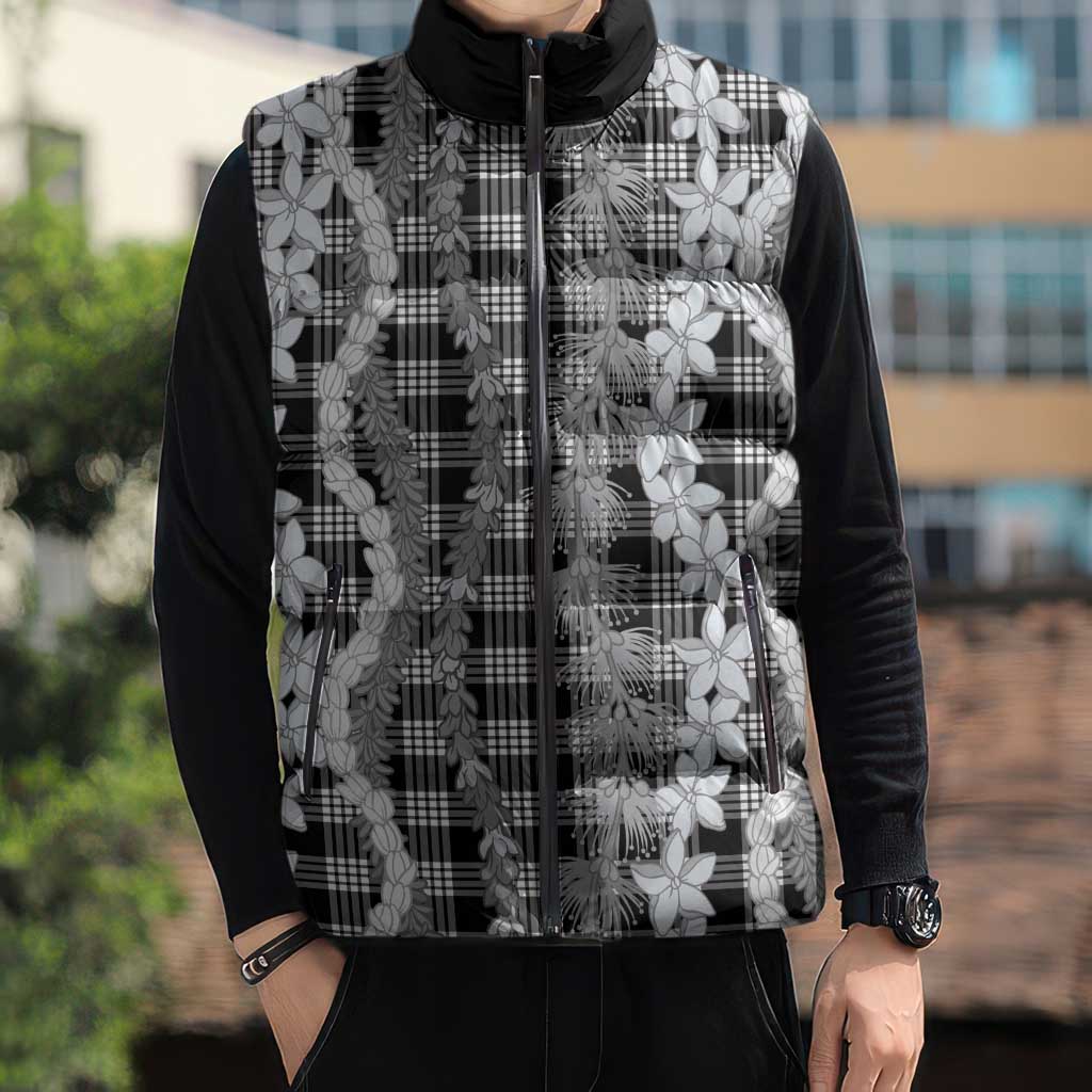 Hawaiian Ohia Lehua Lei Sleeveless Puffer Jacket Plaid Palaka Eleele Pattern - Polynesian Pride