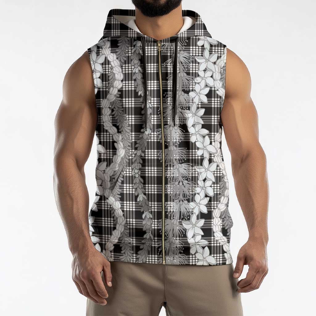 Hawaiian Ohia Lehua Lei Sleeveless Zip Hoodie Plaid Palaka Eleele Pattern - Polynesian Pride
