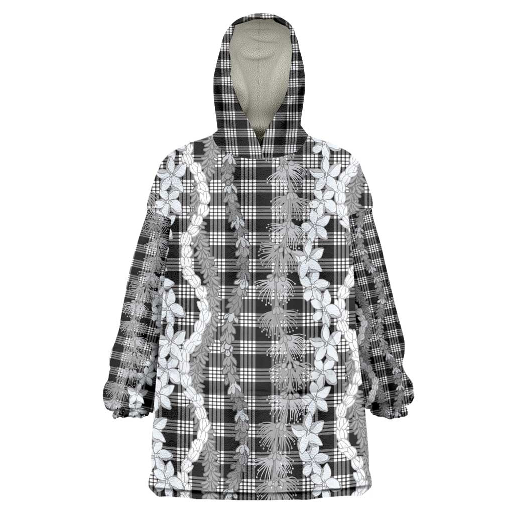 Hawaiian Ohia Lehua Lei Wearable Blanket Hoodie Plaid Palaka Eleele Pattern LT9 One Size Black - Polynesian Pride