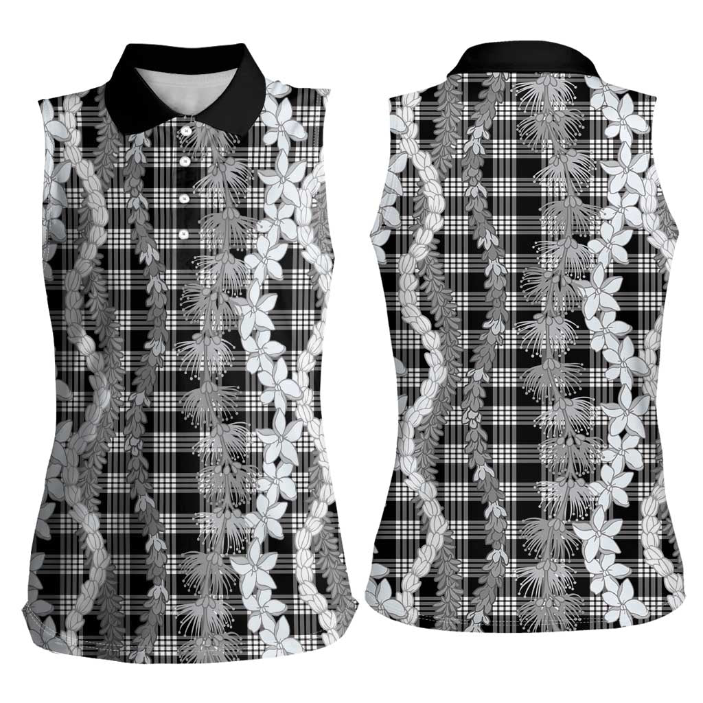 Hawaiian Ohia Lehua Lei Women Sleeveless Polo Shirt Plaid Palaka Eleele Pattern - Polynesian Pride