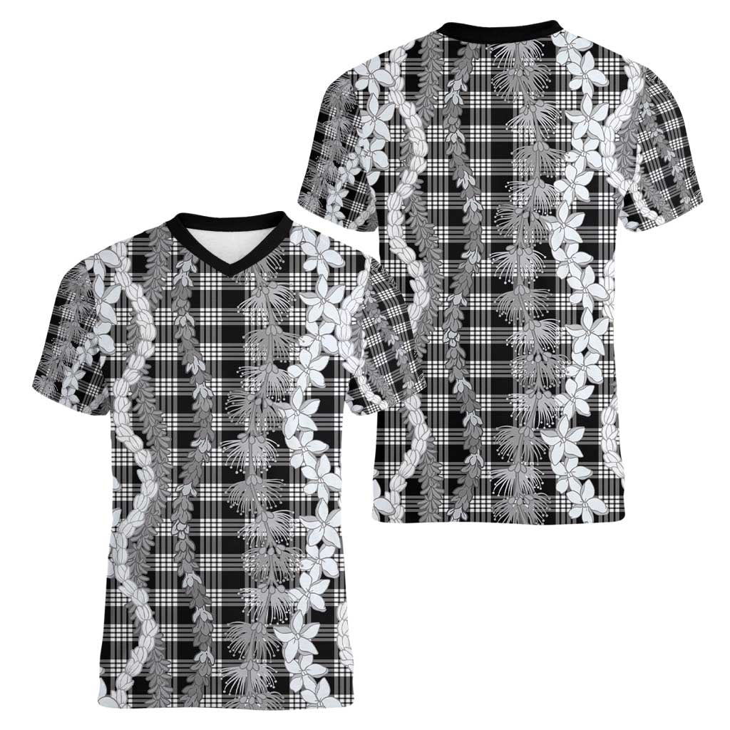 Hawaiian Ohia Lehua Lei Women V-Neck T-Shirt Plaid Palaka Eleele Pattern - Polynesian Pride