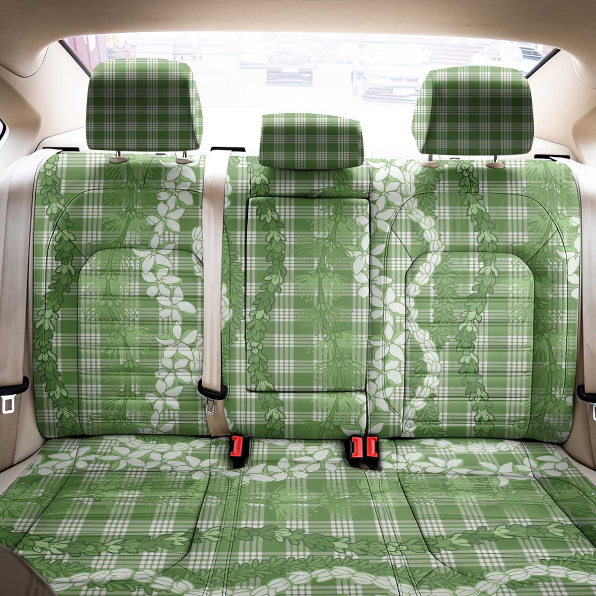Hawaiian Ohia Lehua Lei Back Car Seat Cover Plaid Palaka Omaomao Pattern - Polynesian Pride