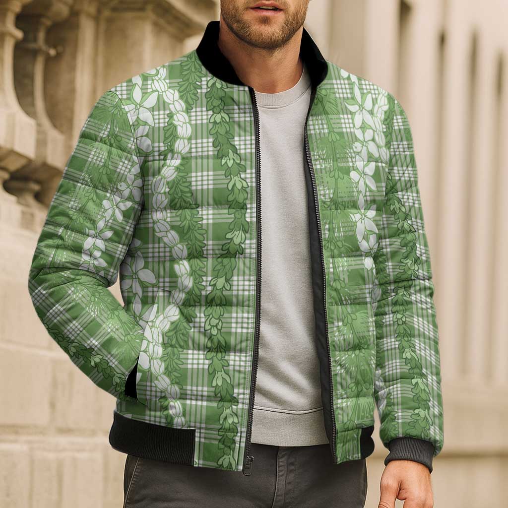 Hawaiian Ohia Lehua Lei Bomber Puffer Jacket Plaid Palaka Omaomao Pattern - Polynesian Pride