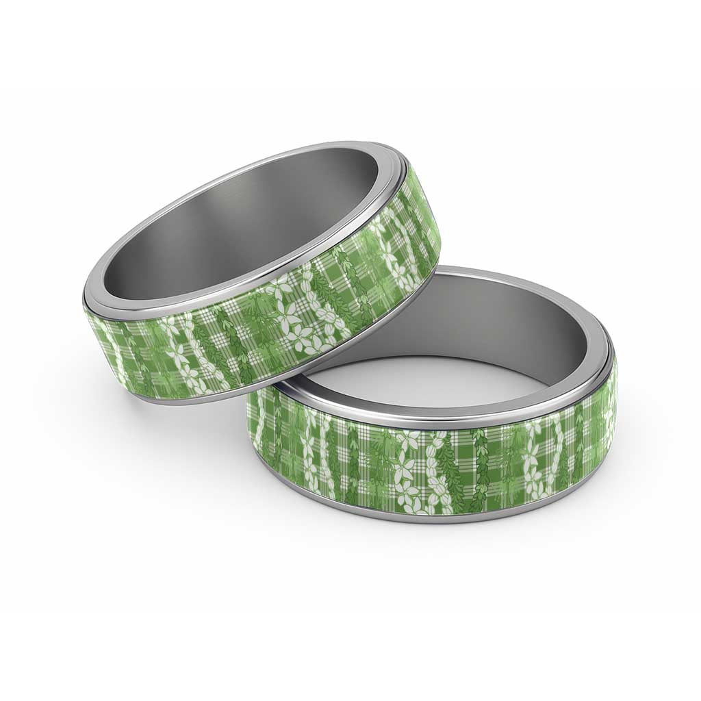 Hawaiian Ohia Lehua Lei Classic Ring Plaid Palaka Omaomao Pattern LT9 Sliver Green - Polynesian Pride