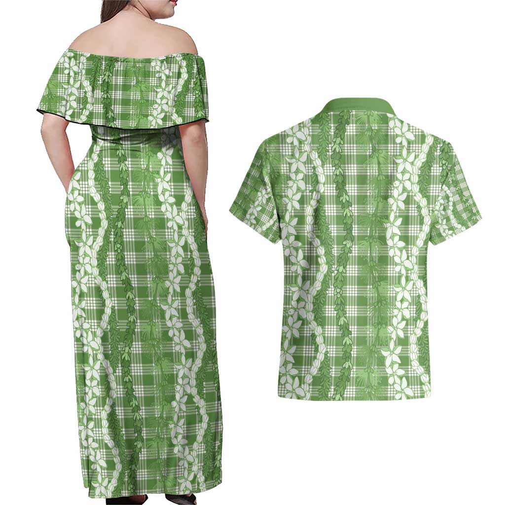 Hawaiian Ohia Lehua Lei Couples Matching Off Shoulder Maxi Dress and Hawaiian Shirt Plaid Palaka Omaomao Pattern - Polynesian Pride