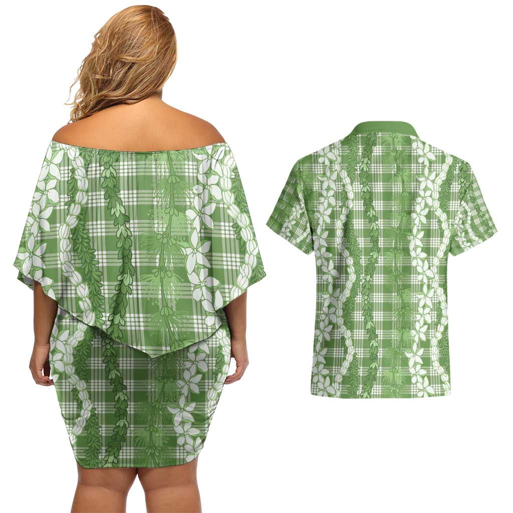 Hawaiian Ohia Lehua Lei Couples Matching Off Shoulder Short Dress and Hawaiian Shirt Plaid Palaka Omaomao Pattern - Polynesian Pride