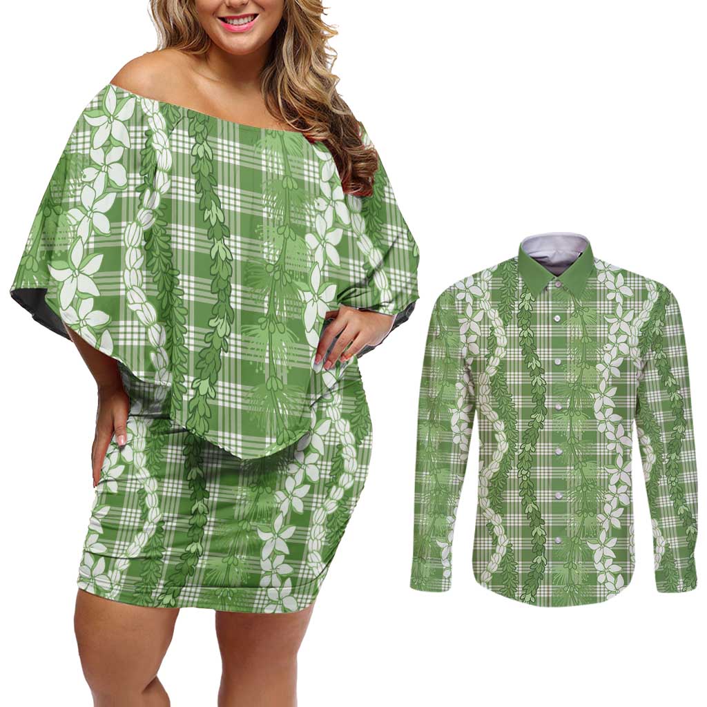Hawaiian Ohia Lehua Lei Couples Matching Off Shoulder Short Dress and Long Sleeve Button Shirt Plaid Palaka Omaomao Pattern - Polynesian Pride