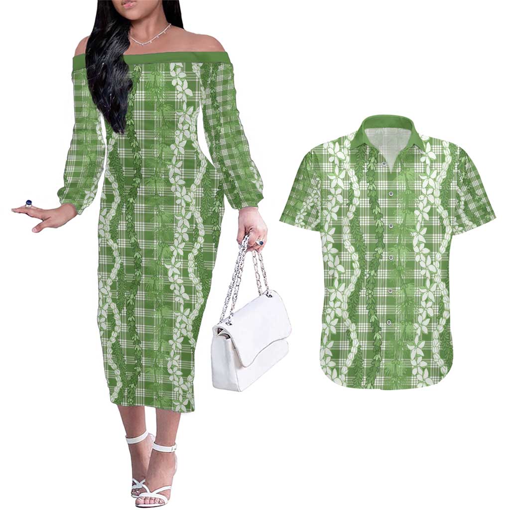 Hawaiian Ohia Lehua Lei Couples Matching Off The Shoulder Long Sleeve Dress and Hawaiian Shirt Plaid Palaka Omaomao Pattern - Polynesian Pride