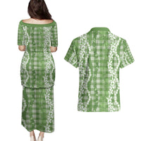 Hawaiian Ohia Lehua Lei Couples Matching Puletasi and Hawaiian Shirt Plaid Palaka Omaomao Pattern - Polynesian Pride