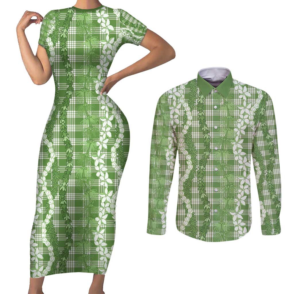 Hawaiian Ohia Lehua Lei Couples Matching Short Sleeve Bodycon Dress and Long Sleeve Button Shirt Plaid Palaka Omaomao Pattern - Polynesian Pride