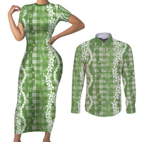 Hawaiian Ohia Lehua Lei Couples Matching Short Sleeve Bodycon Dress and Long Sleeve Button Shirt Plaid Palaka Omaomao Pattern - Polynesian Pride