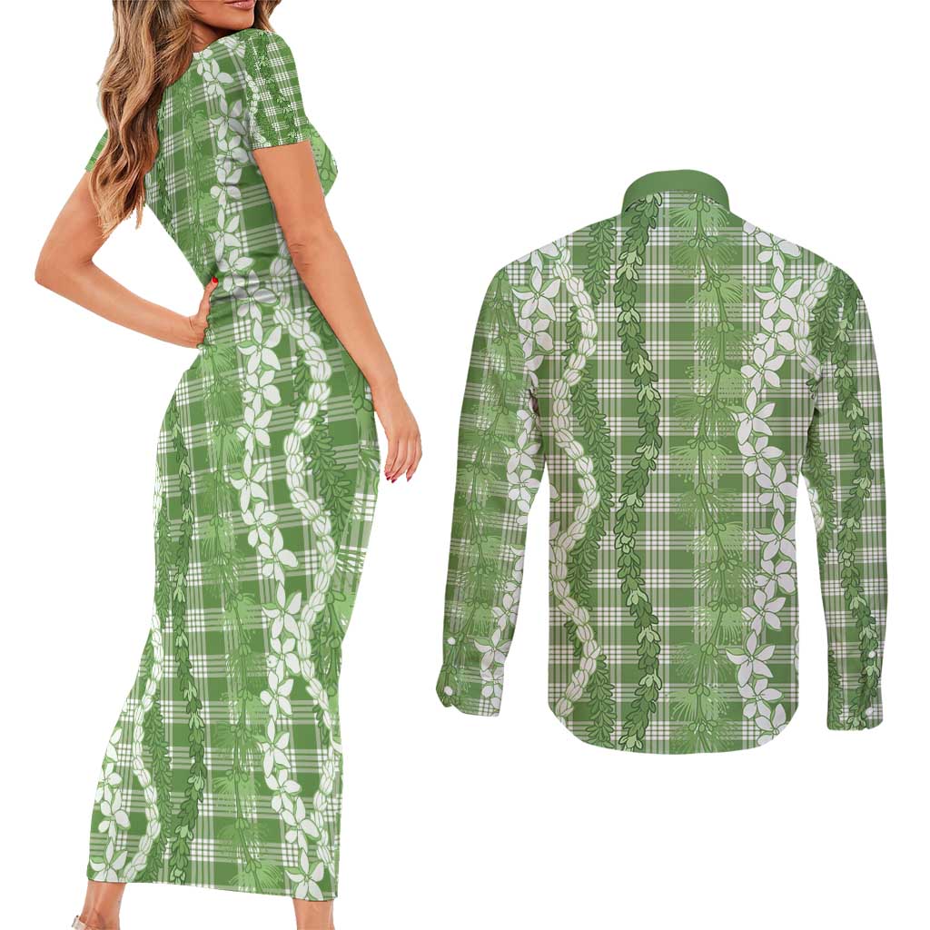 Hawaiian Ohia Lehua Lei Couples Matching Short Sleeve Bodycon Dress and Long Sleeve Button Shirt Plaid Palaka Omaomao Pattern - Polynesian Pride