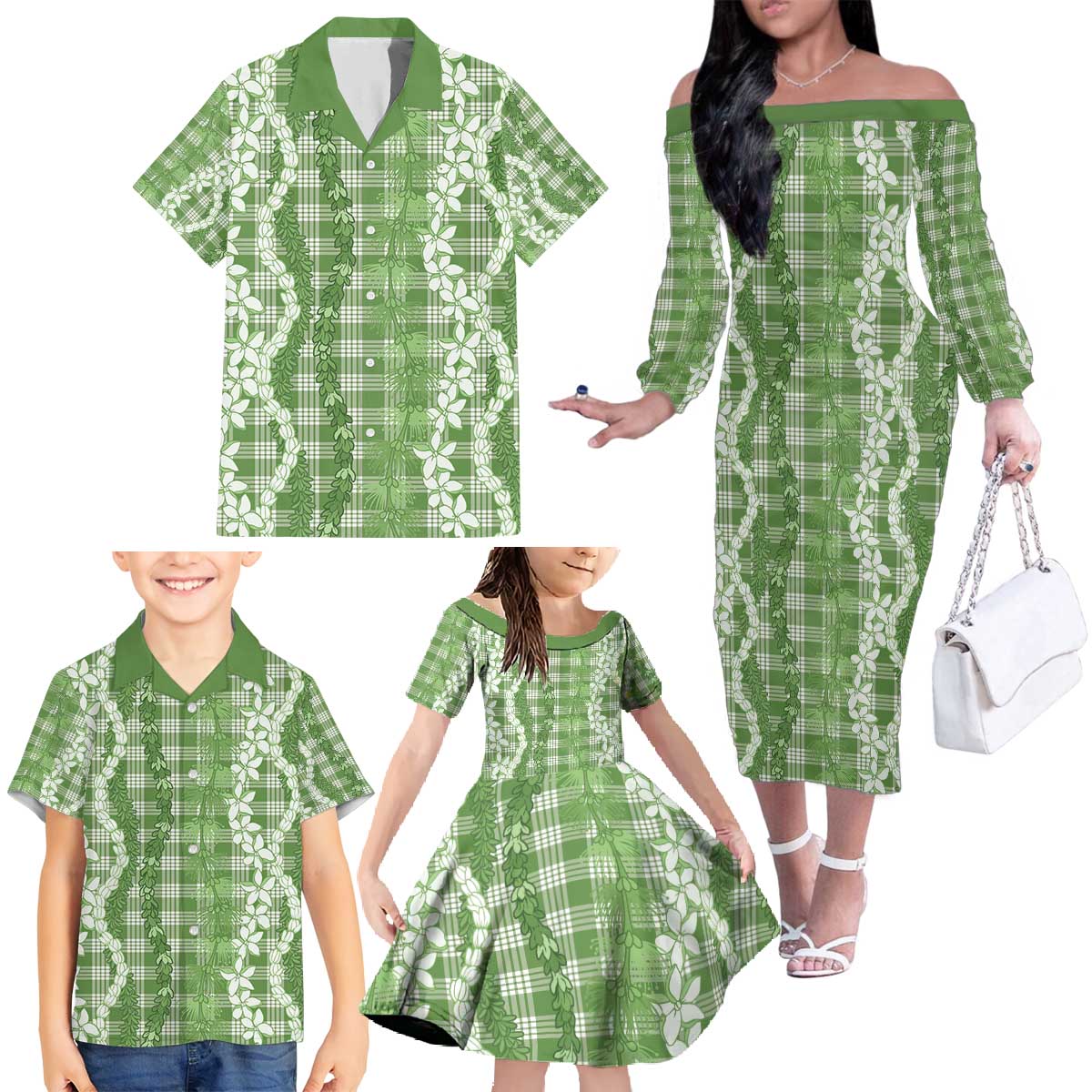 Hawaiian Ohia Lehua Lei Family Matching Off The Shoulder Long Sleeve Dress and Hawaiian Shirt Plaid Palaka Omaomao Pattern - Polynesian Pride