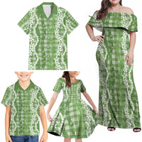 Hawaiian Ohia Lehua Lei Family Matching Off Shoulder Maxi Dress and Hawaiian Shirt Plaid Palaka Omaomao Pattern - Polynesian Pride