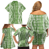 Hawaiian Ohia Lehua Lei Family Matching Off Shoulder Short Dress and Hawaiian Shirt Plaid Palaka Omaomao Pattern - Polynesian Pride