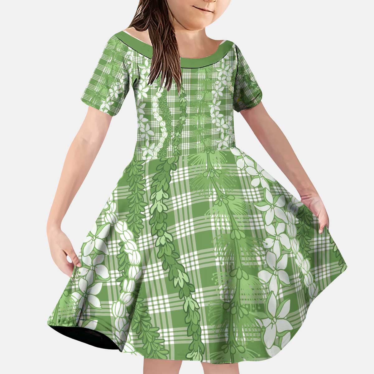 Hawaiian Ohia Lehua Lei Kid Short Sleeve Dress Plaid Palaka Omaomao Pattern - Polynesian Pride