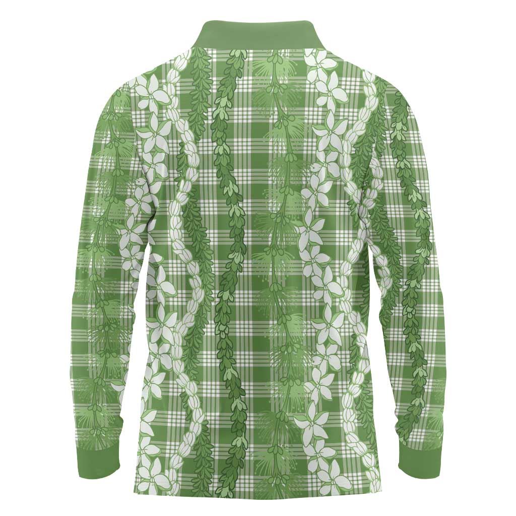 Hawaiian Ohia Lehua Lei Long Sleeve Polo Shirt Plaid Palaka Omaomao Pattern - Polynesian Pride