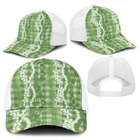 Hawaiian Ohia Lehua Lei Mesh Trucker Cap Plaid Palaka Omaomao Pattern - Polynesian Pride
