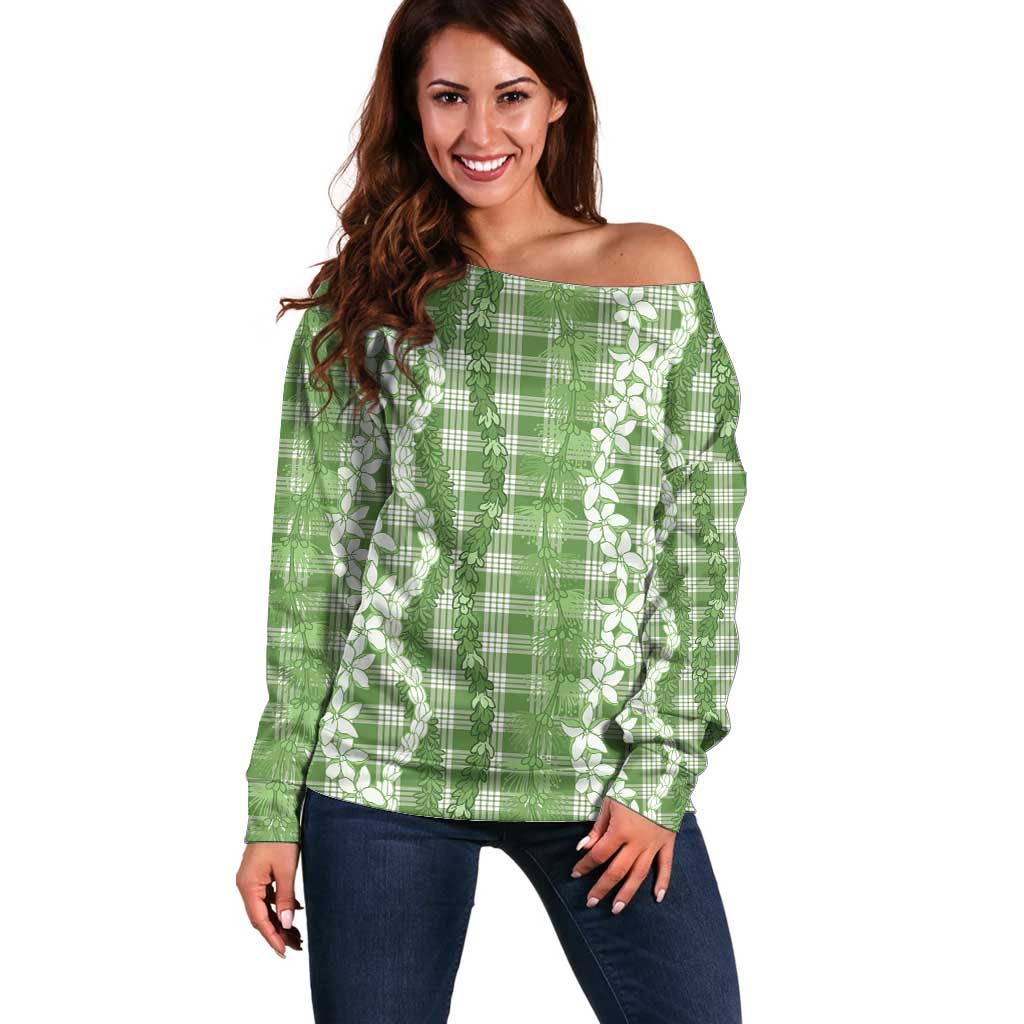 Hawaiian Ohia Lehua Lei Off Shoulder Sweater Plaid Palaka Omaomao Pattern - Polynesian Pride