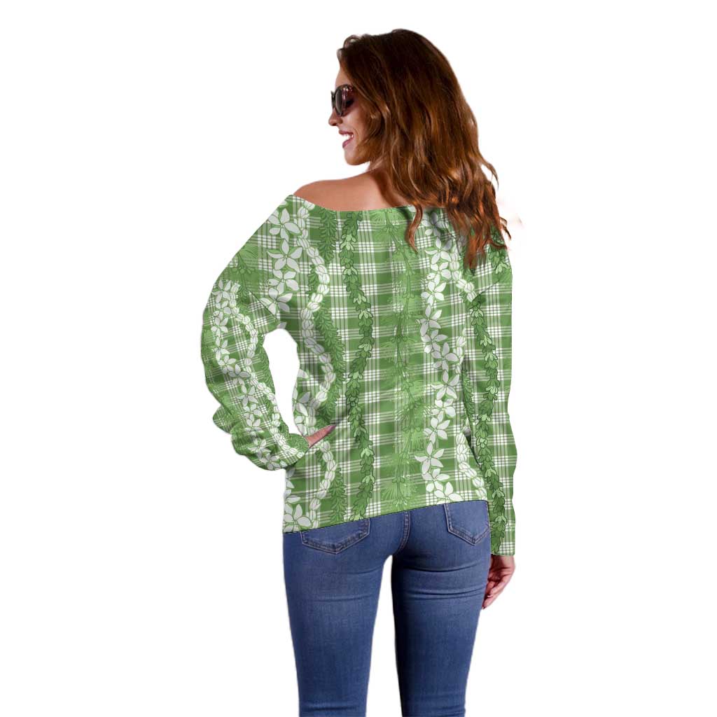 Hawaiian Ohia Lehua Lei Off Shoulder Sweater Plaid Palaka Omaomao Pattern - Polynesian Pride