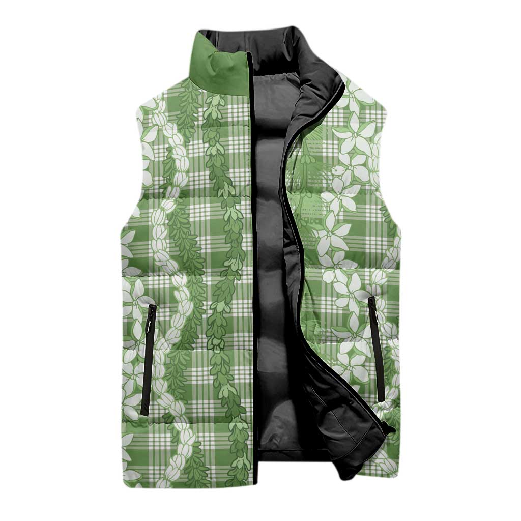 Hawaiian Ohia Lehua Lei Sleeveless Puffer Jacket Plaid Palaka Omaomao Pattern - Polynesian Pride