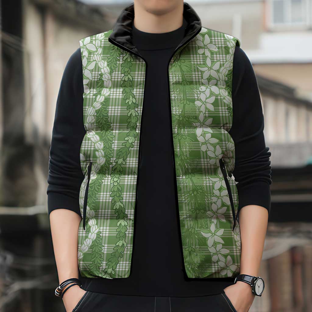 Hawaiian Ohia Lehua Lei Sleeveless Puffer Jacket Plaid Palaka Omaomao Pattern - Polynesian Pride