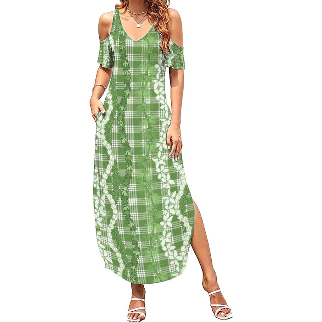 Hawaiian Ohia Lehua Lei Summer Maxi Dress Plaid Palaka Omaomao Pattern - Polynesian Pride