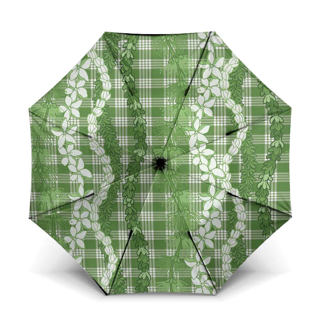 Hawaiian Ohia Lehua Lei Umbrella Plaid Palaka Omaomao Pattern LT9 One Size Folded 11.42 inch Opened Diameter 37.4 inch Green - Polynesian Pride