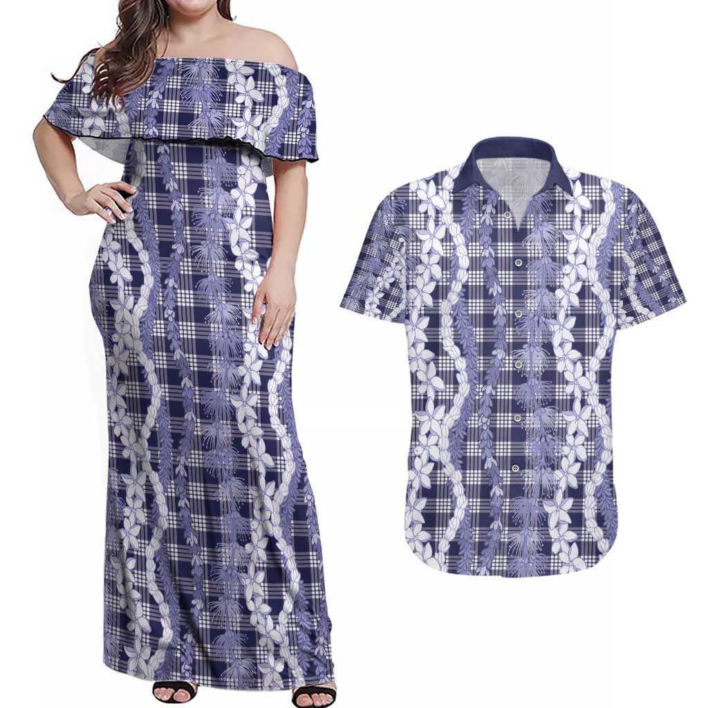 Hawaiian Ohia Lehua Lei Couples Matching Off Shoulder Maxi Dress and Hawaiian Shirt Plaid Palaka Uliuli hohonu Pattern - Polynesian Pride