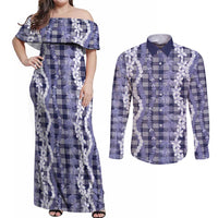 Hawaiian Ohia Lehua Lei Couples Matching Off Shoulder Maxi Dress and Long Sleeve Button Shirt Plaid Palaka Uliuli hohonu Pattern - Polynesian Pride
