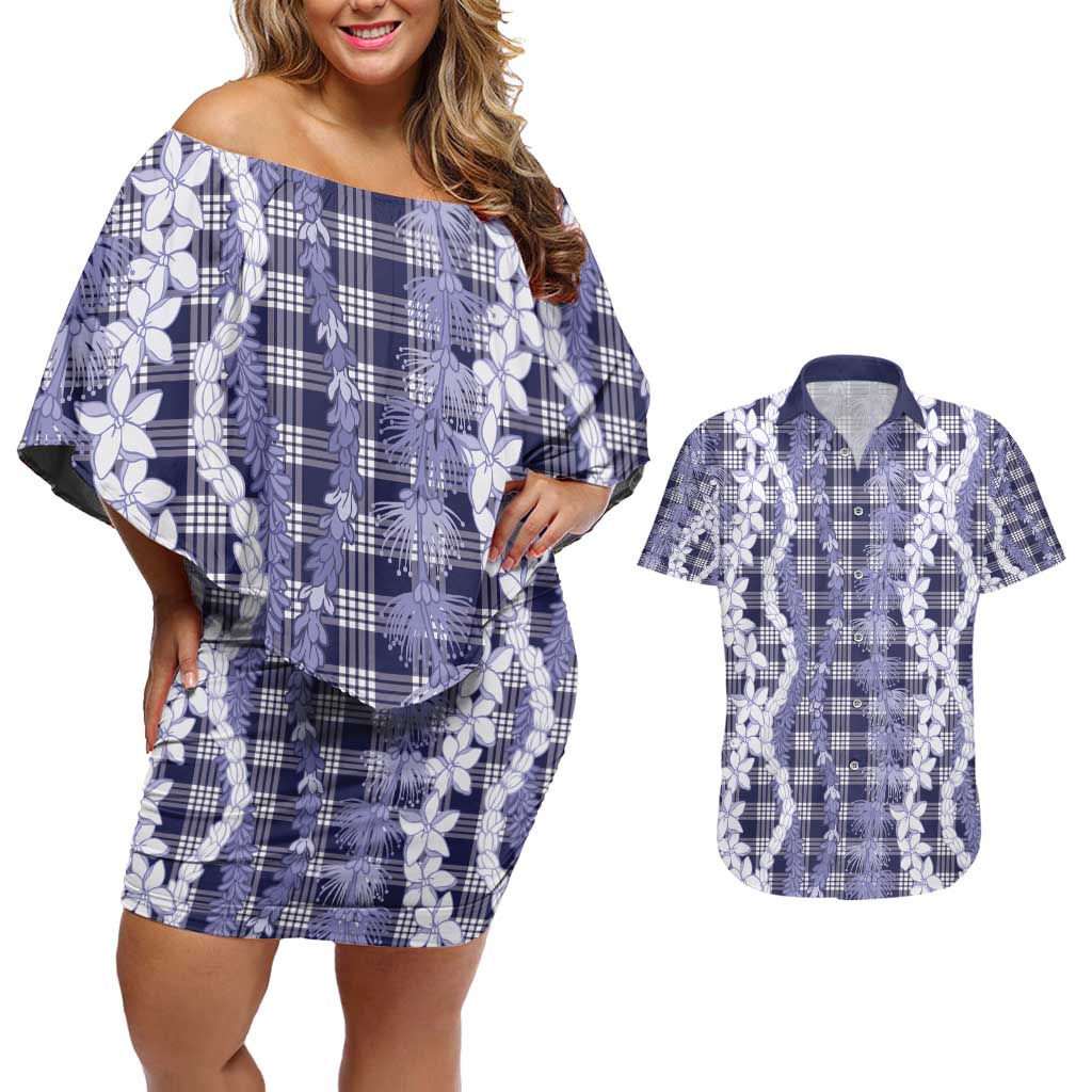 Hawaiian Ohia Lehua Lei Couples Matching Off Shoulder Short Dress and Hawaiian Shirt Plaid Palaka Uliuli hohonu Pattern - Polynesian Pride