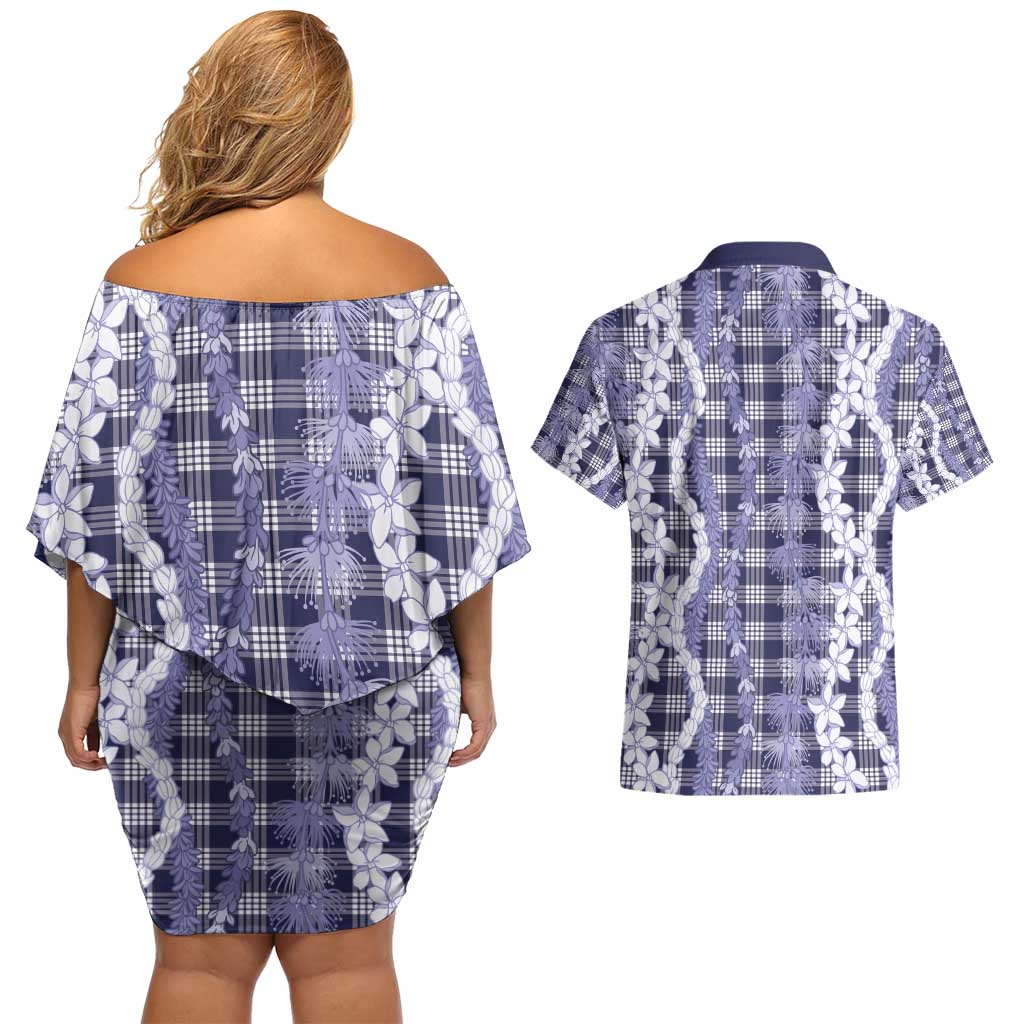 Hawaiian Ohia Lehua Lei Couples Matching Off Shoulder Short Dress and Hawaiian Shirt Plaid Palaka Uliuli hohonu Pattern - Polynesian Pride