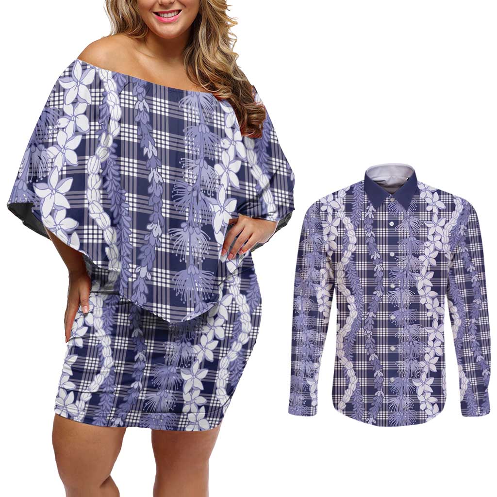 Hawaiian Ohia Lehua Lei Couples Matching Off Shoulder Short Dress and Long Sleeve Button Shirt Plaid Palaka Uliuli hohonu Pattern - Polynesian Pride
