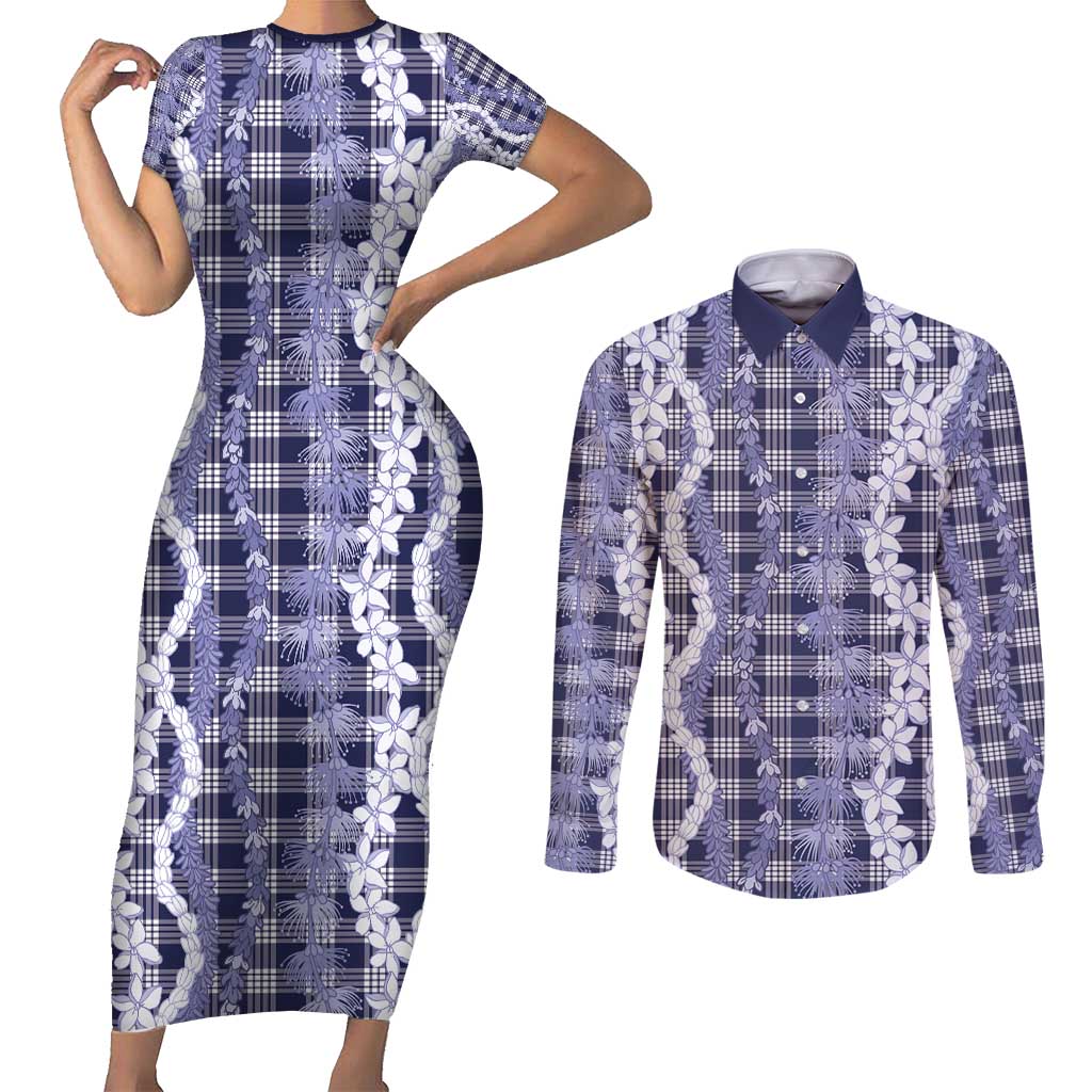 Hawaiian Ohia Lehua Lei Couples Matching Short Sleeve Bodycon Dress and Long Sleeve Button Shirt Plaid Palaka Uliuli hohonu Pattern - Polynesian Pride